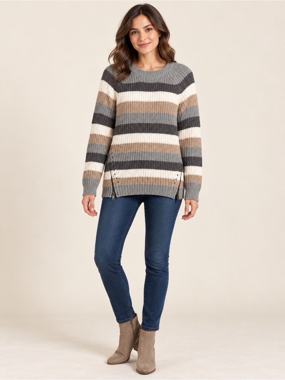 New Pink Republic Striped Crewneck Sweater in Gray, Cream & Tan XL